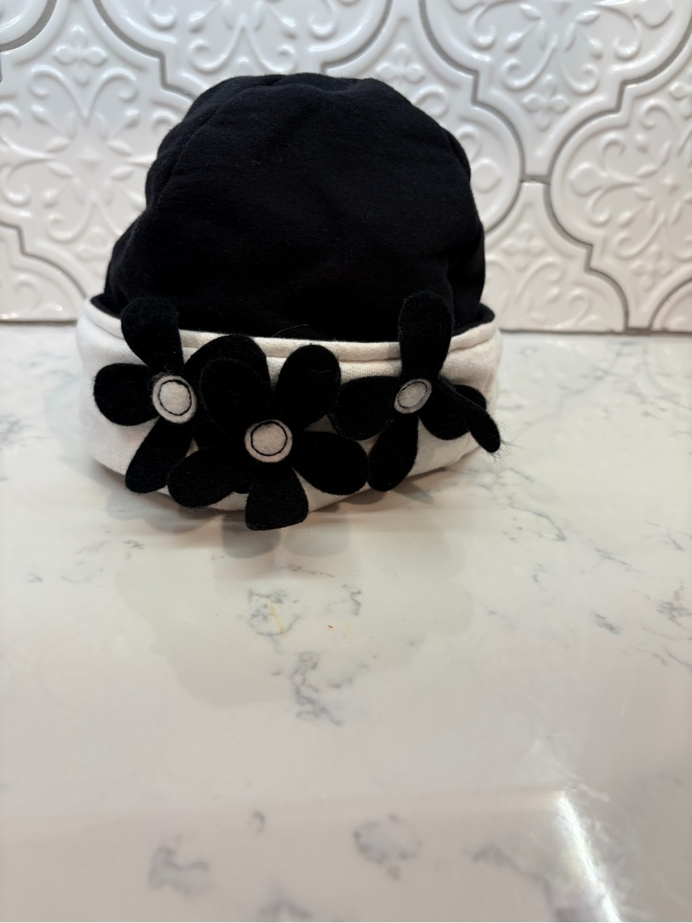 Kelly's Kids Black Beanie with White Band and Floral Appliqués